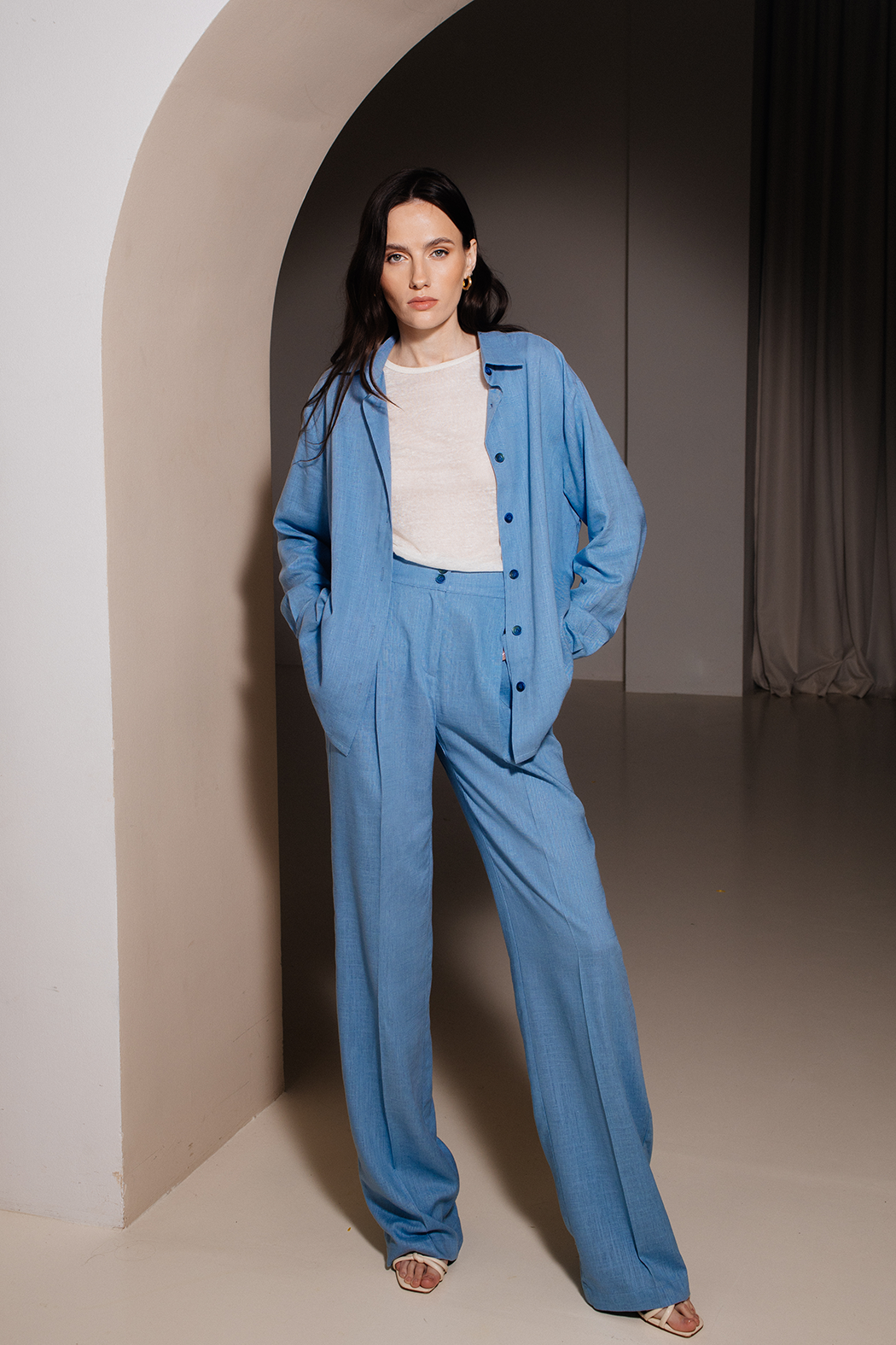 Linen suit, pants palazzo and shirt, light blue color