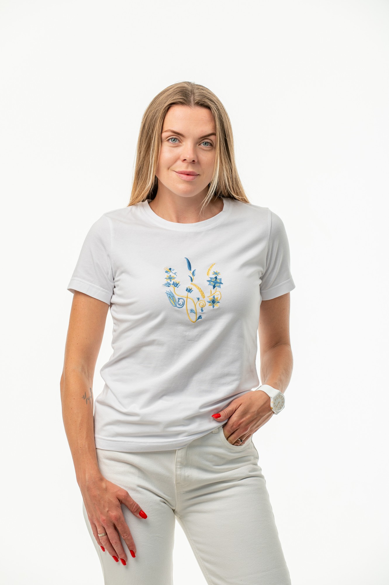 Women's t-shirt with embroidery "Picturesque Ukrainian coat of arms" white