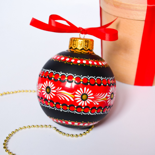 Ukrainian Christmas Black & Red Ornament with Flowers, Petrykivka Hand Painted Bauble