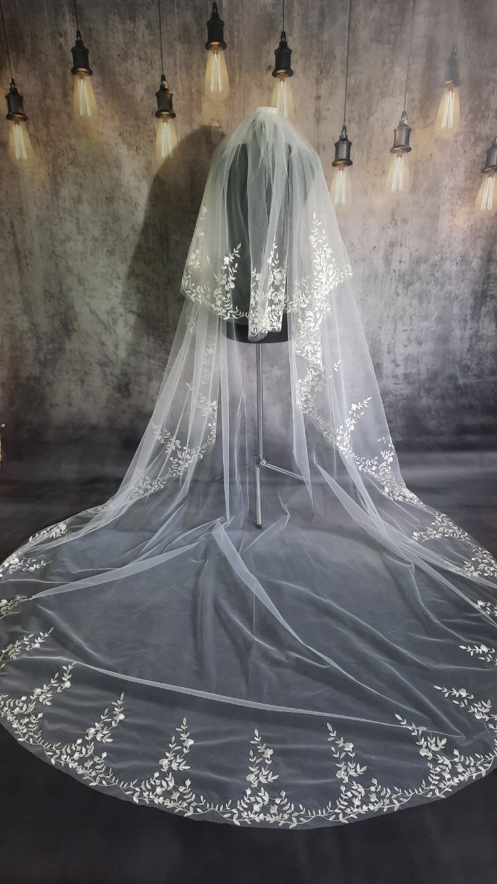 Floral Lace Edged Cathedral Veil Black Bridal Veil Wedding Veil