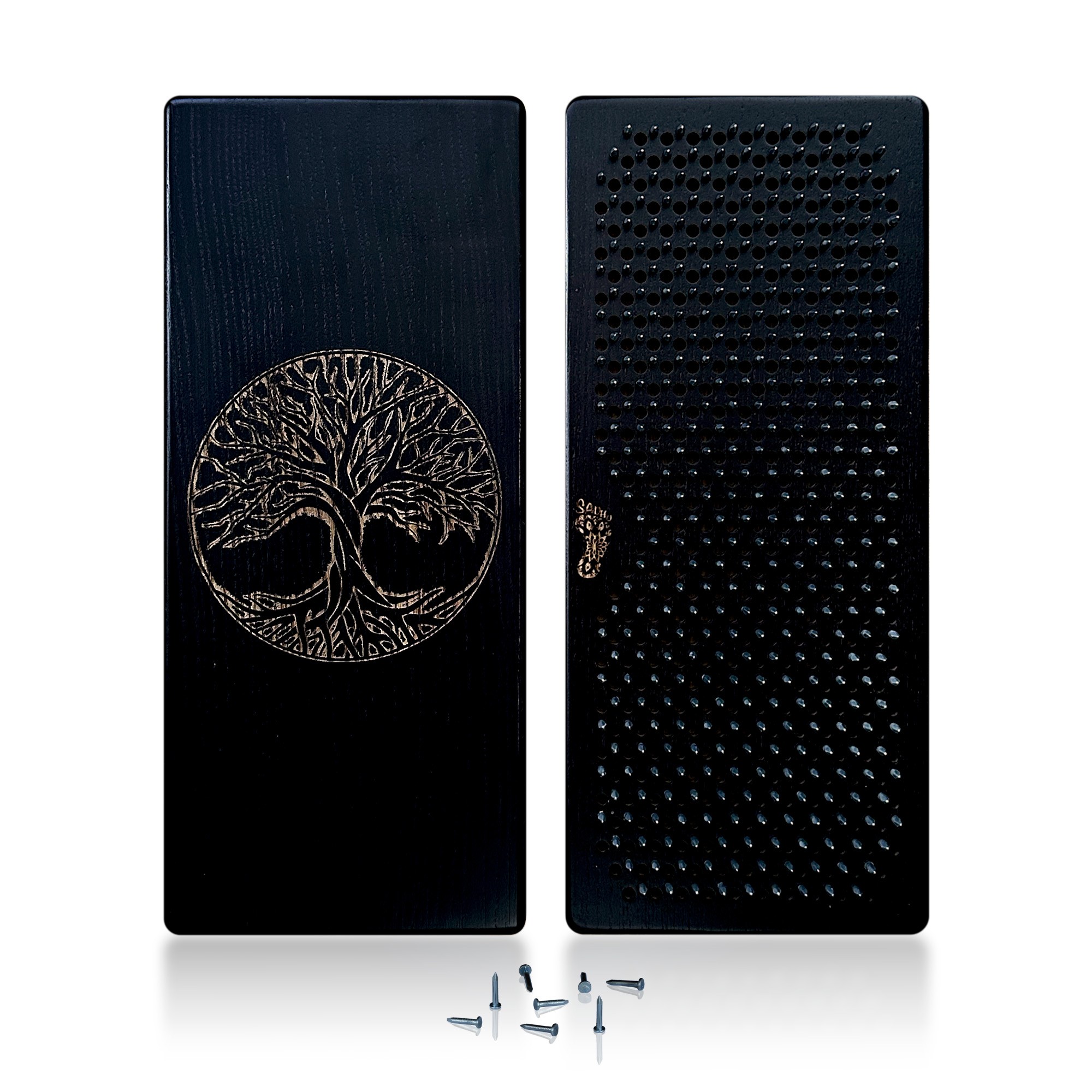 Sadhu Board Oh! SADHU for Yoga Meditation from 100% Natural Ash Wood, Step 10mm, "Tree of Life"(Black)