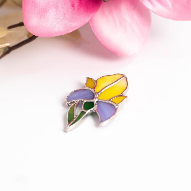 Violet iris flower stained glass brooch