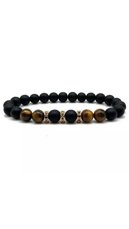Bracelet made of shungite and tiger's eye with golden discs (80055)