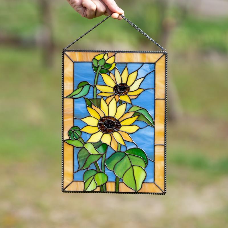 Ukrainian sunflower stained glass window decor