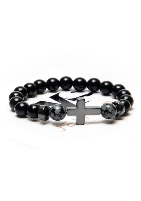 Agate, obsidian, hematite bracelet for men or women, power of agate gray cross