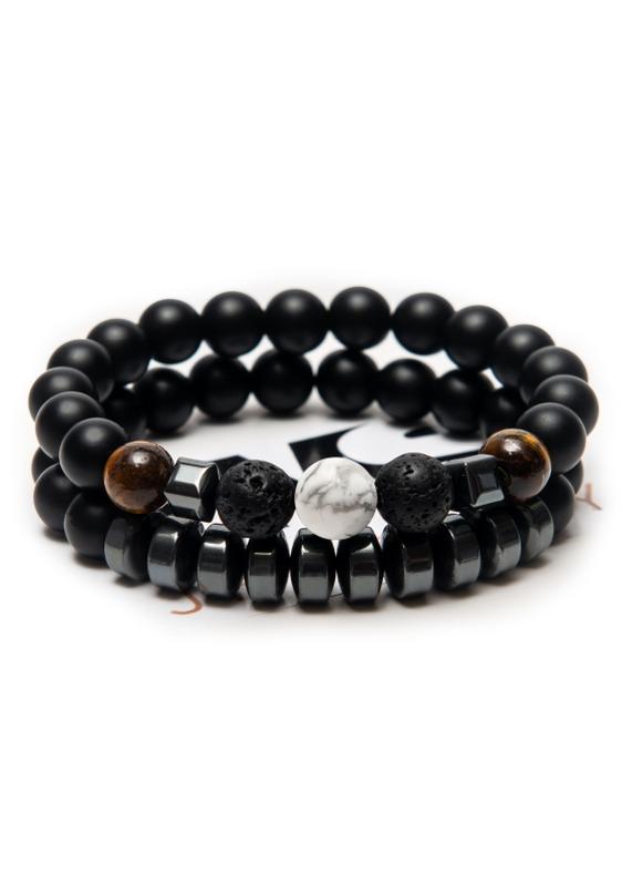 Shungite, cacholong, lava, tigers eye, hematite double bracelet ...