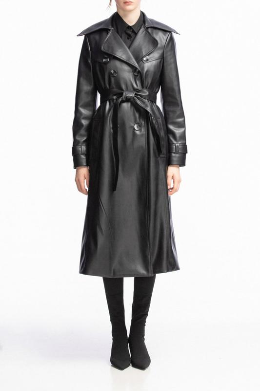 Black eco-leather raincoat with a vent