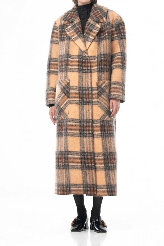 Beige-brown plaid woolen coat 500209 aLOT