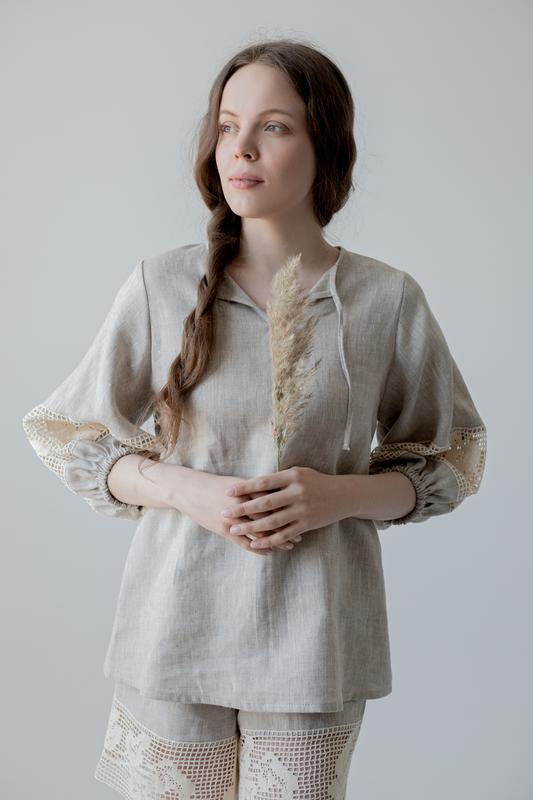 Unbleached linen pajamas with lace. ethno collection