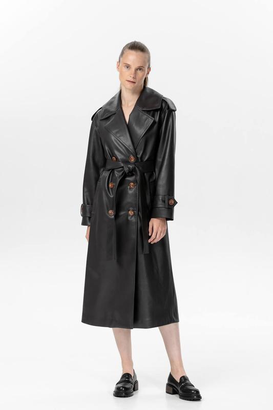 Dark brown double-breasted trench coat with a large stand-up collar 500340 aLOT