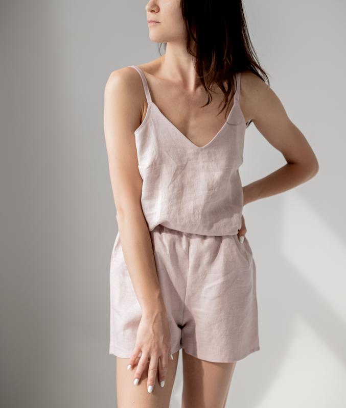Linen pajamas suit - a top with a v-neck and shorts