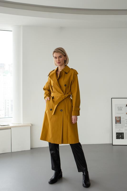 Woman mustard cotton trench coat, water-resistant
