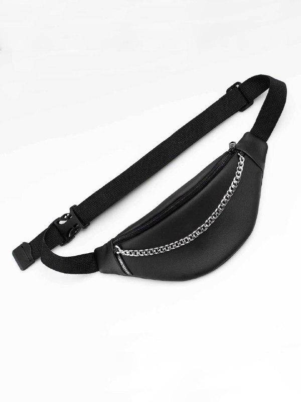 Black leather bum bag with chain