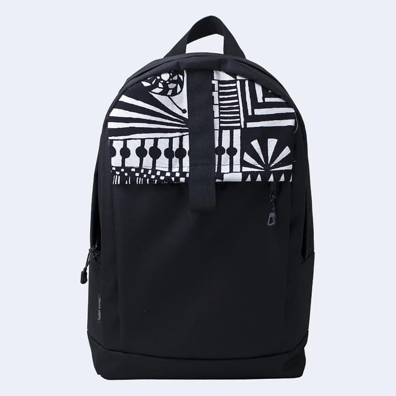 Black backpack with white ornament