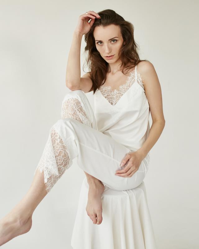 Ivory silk pajama set with lace