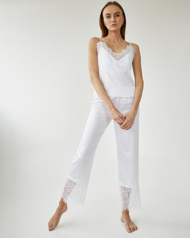 White silk pajama set with lace