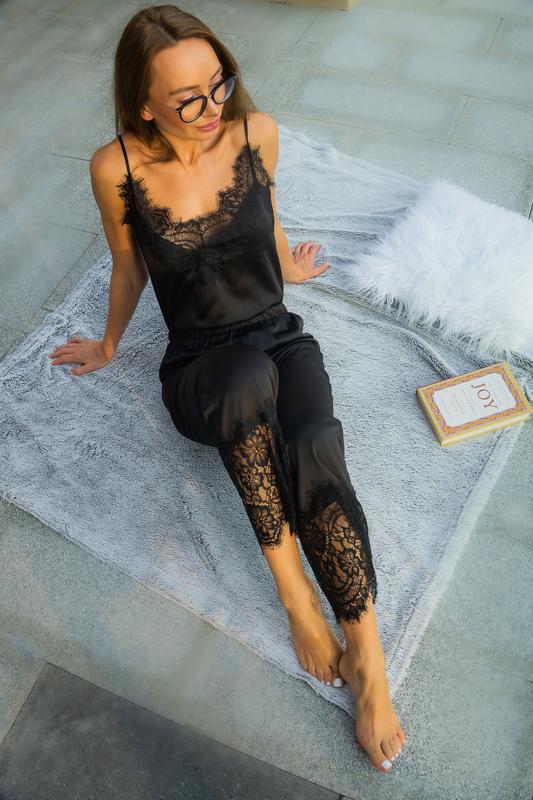 Black silk pajama set with lace