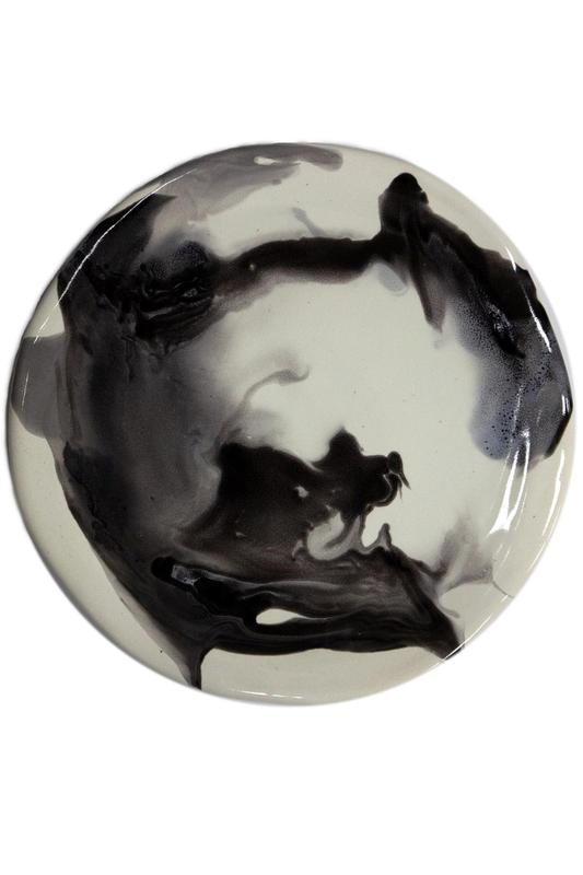 Handmade ceramic plate with marble pattern black on white
