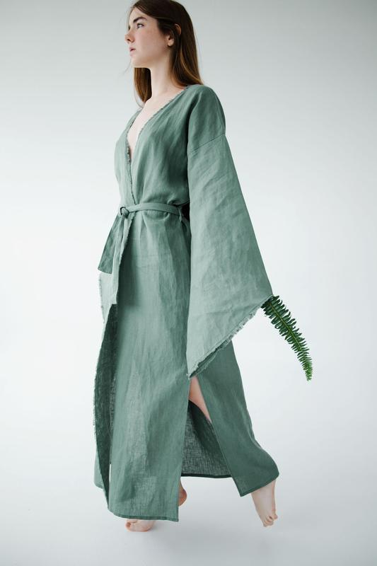 Linen kimono dress with fringed edges "Fern"