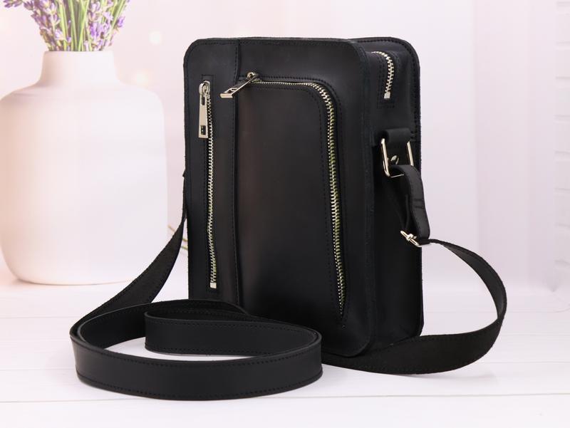 Mens leather messenger bag with pocket for phone on shoulder strap / Black - 01012