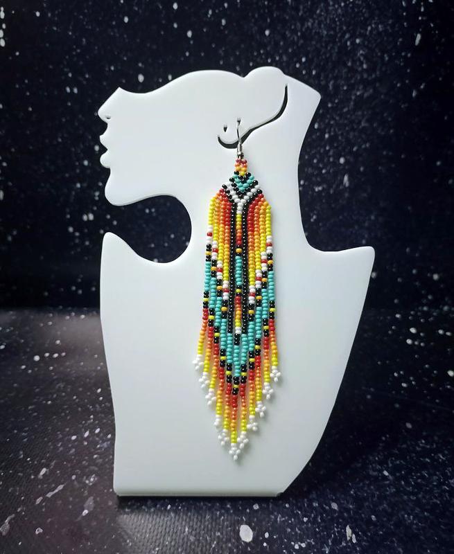 Sun and sky beaded fringe earrings • vibrant beaded earrings Handmade Boho Dangle Indigenous Jewelry