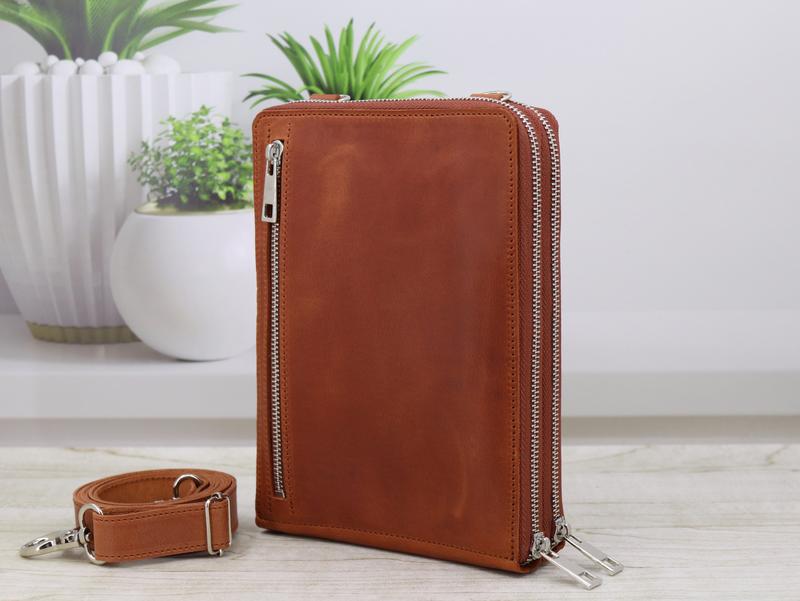 Leather messenger bag with zipper around for mens/ Crossbody wallet bag with double compartment