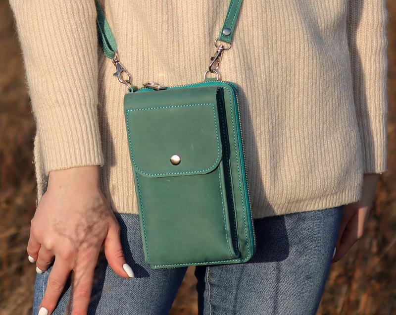 Crossbody wallet for 14 iphone for women / Handmade genuine leather shoulder phone bag