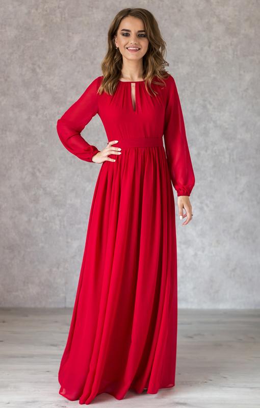 Formal closed dress with keyhole neckline | Red