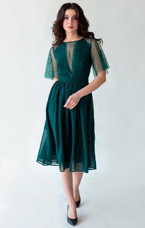 Polka dot chiffon midi cocktail dress | Emerald