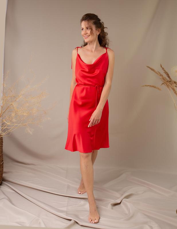 Red silk slip dress Midi. Cowl neck midi cocktail cami dress.