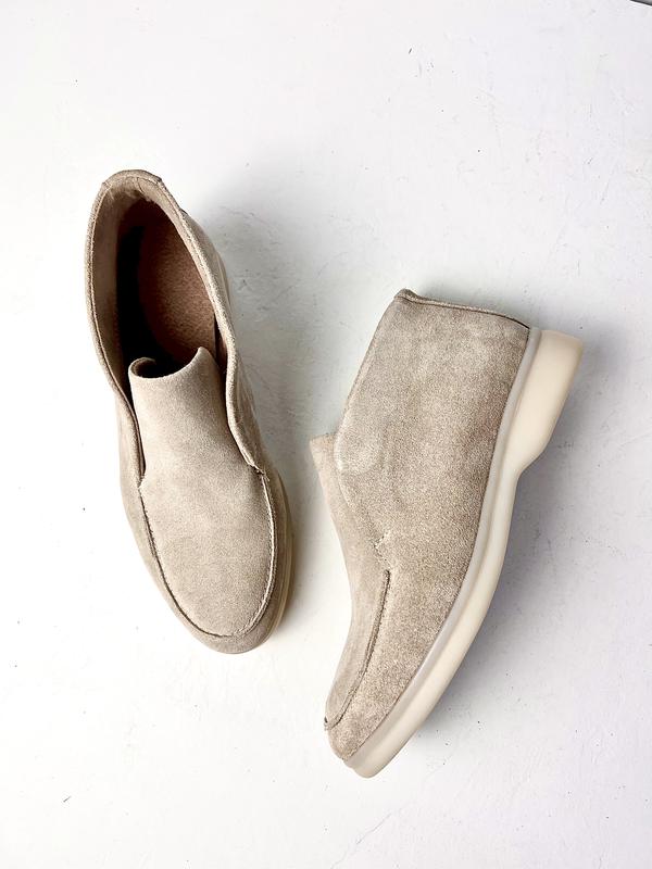 Beige suede high top loafers