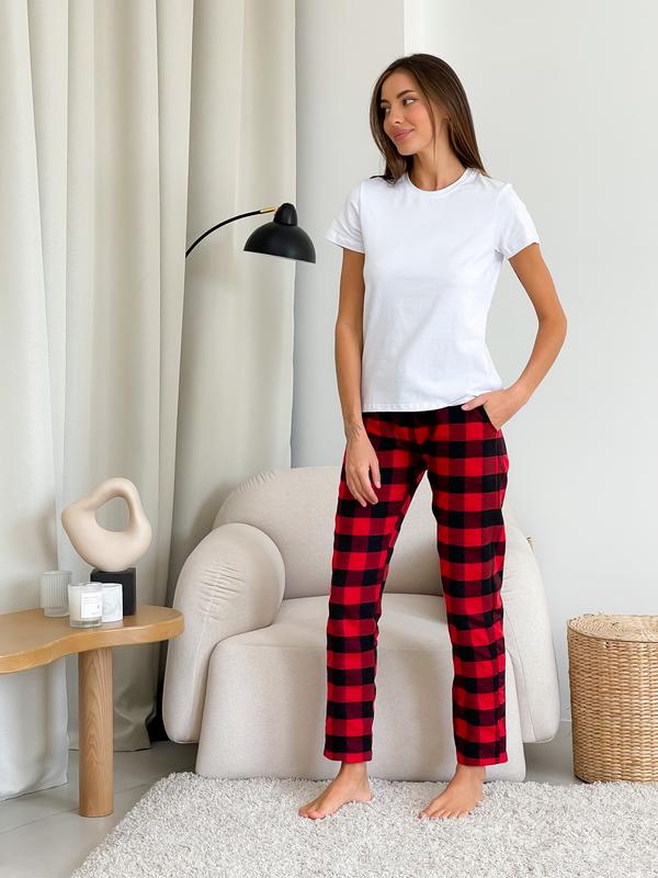 COZY checkered women's pajama set red/black (pants + white t-shirt)