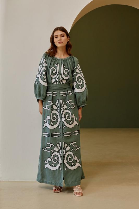 Dress - Vyshyvanka long with a belt  Color - Khaki