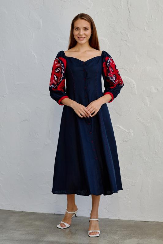 Vyshyvanka is a long dress. Color - Dark blue, Birch