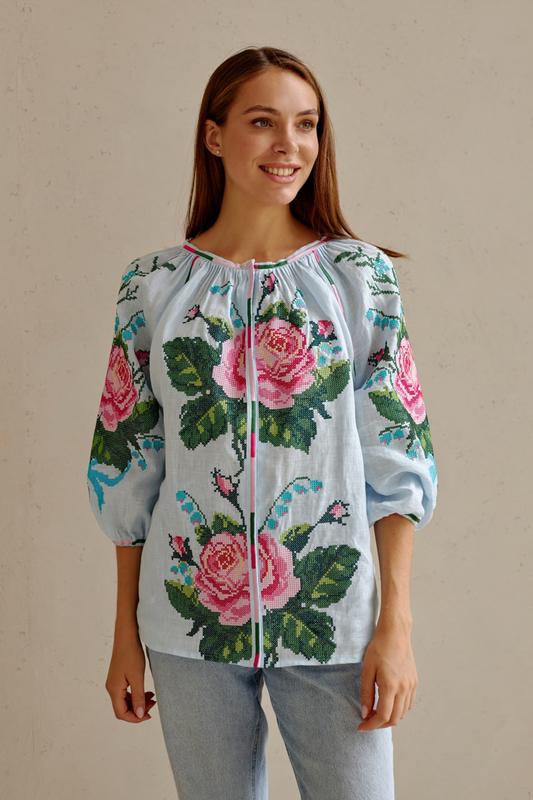Embroidered linen, with traditional Ukrainian embroidery.  Blue color