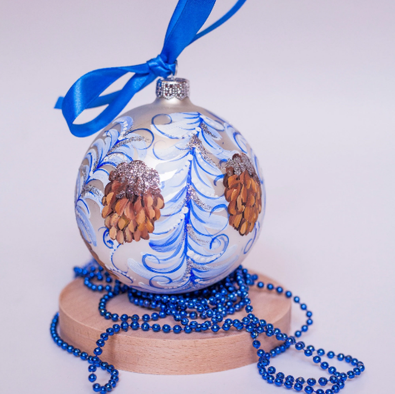 Frosted Pine Cones Ornament, Hand Painted Silver Glass Bauble
