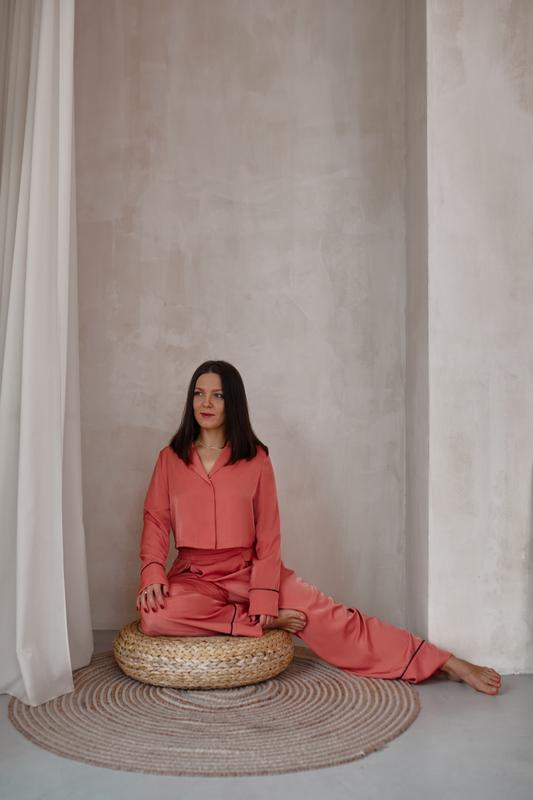 Staple pajama set in beautiful coral color. Crop-top shirt and wide leg trousers lounge set.
