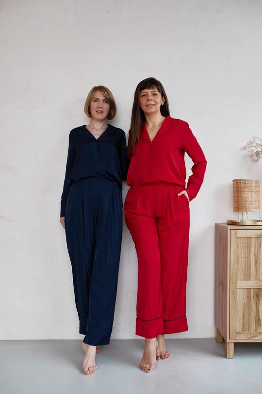Staple pajama set in beautiful navy blue color. Long shirt and wide leg trousers lounge set.