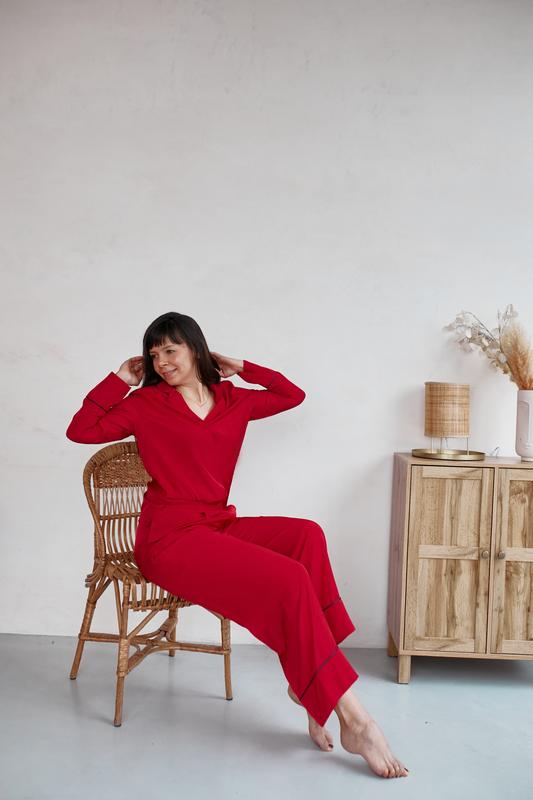 Staple pajama set in beautiful red color. Long shirt and wide leg trousers lounge set.