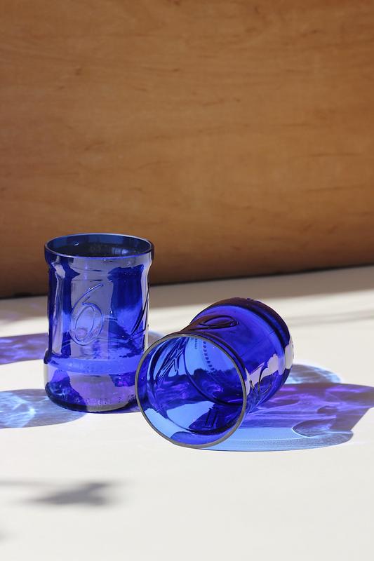 Upcycled wine bottle glasses, blue, Eco home