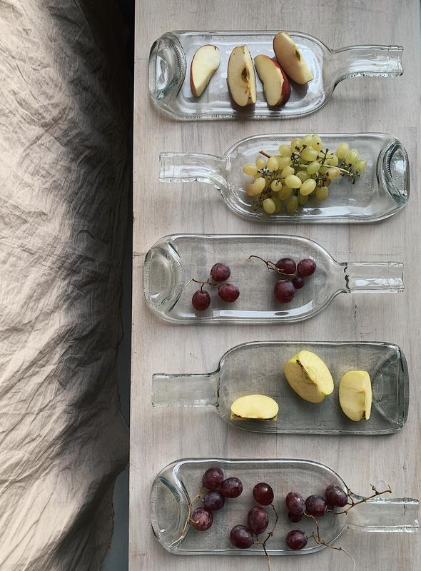 Upcycled flattened wine bottle plate tray with handle for fruits cheese snacks eco home decor