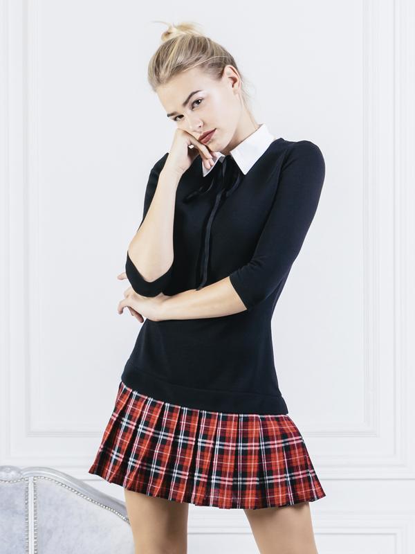 Constructor-dress black Airdress with detachable red tartan skirt and collar