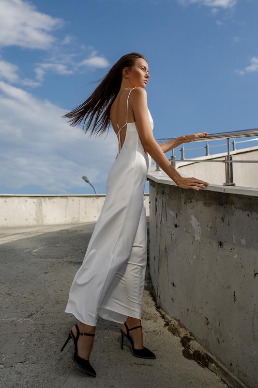 Ivory maxi silk slip dress with open back. Cowl neck long cocktail dress.