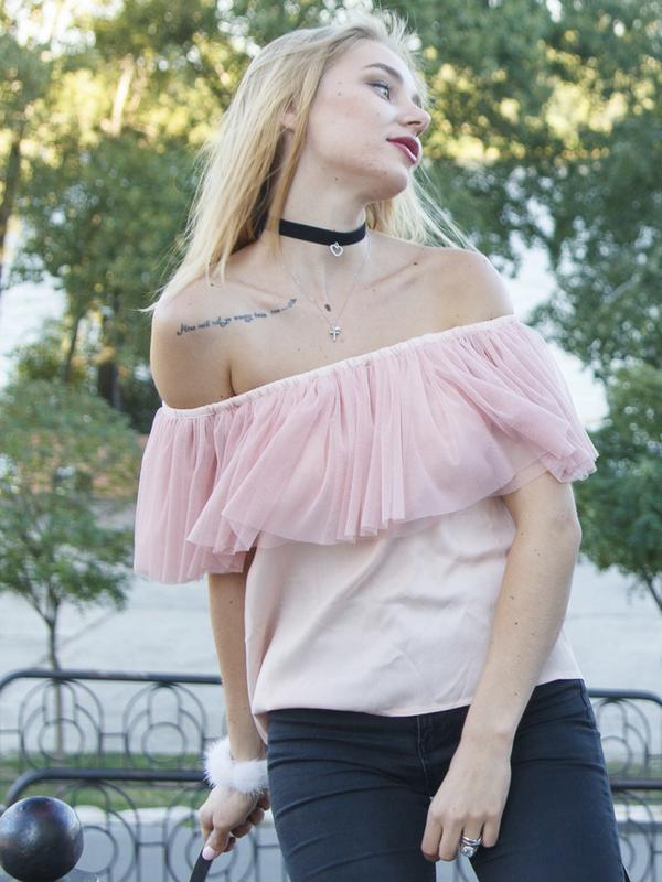 Pink top with pink powder tulle ruffles