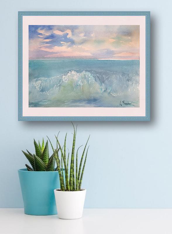 Watercolor painting of a landscape of a sea wave on a background of the sunset sky