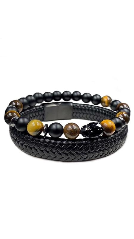 Set of leather bracelets with black clasp and shugit with tiger's eye and Swarovski crystal (12058)