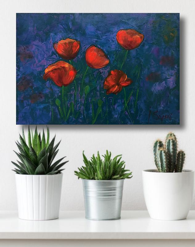 Poppy flower oil painting. Wildflower painting