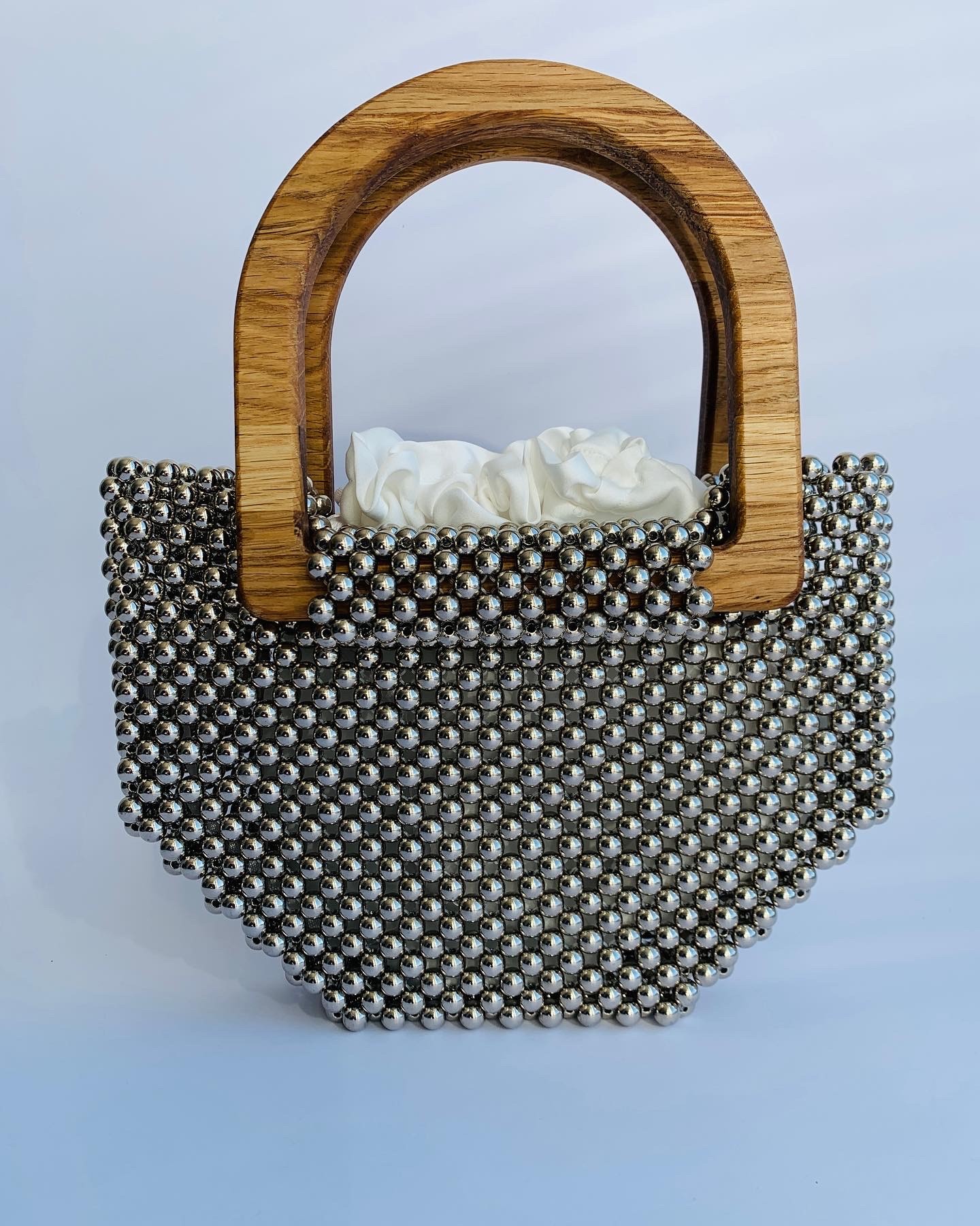 BAG made of beads, handmade, wooden handles, minimalism, gift for a girl, aesthetic bag metal beads