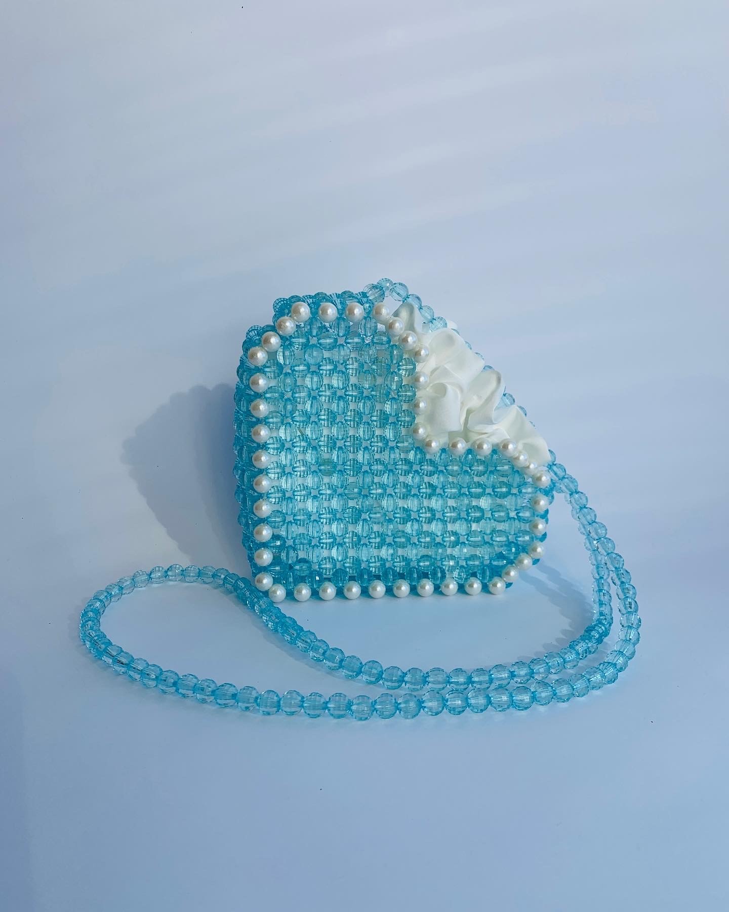 BAG made of beads over the shoulder, soft blue color, minimalism, gift for a girl, aesthetic bag