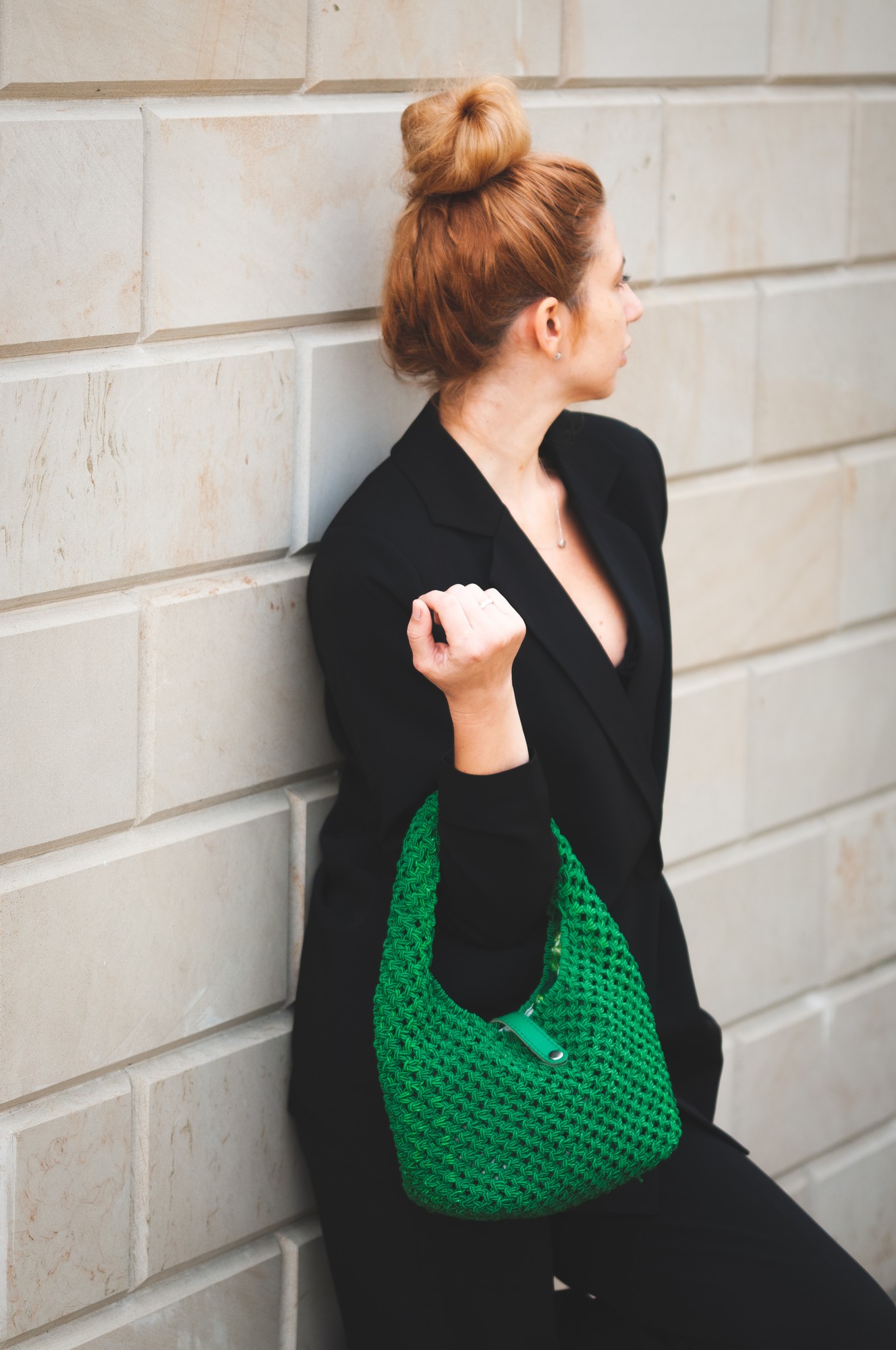 Green macrame baguette bag for women